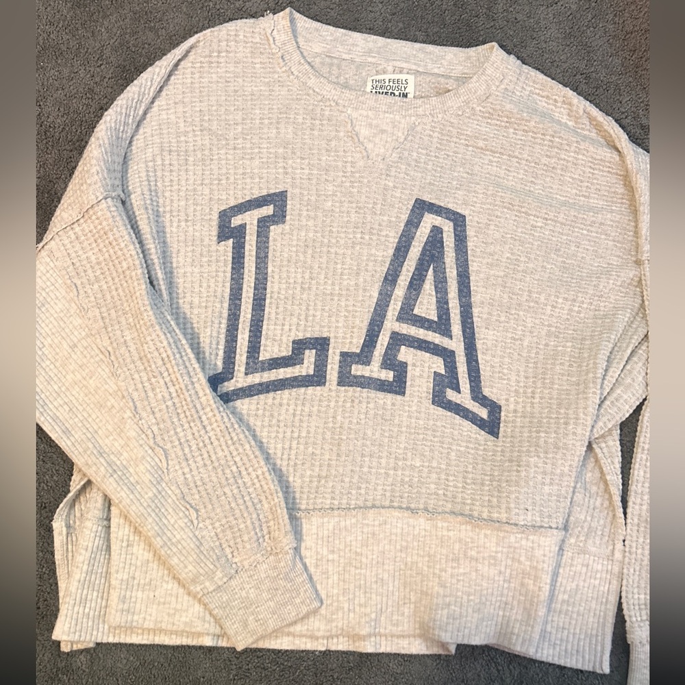 American Eagle Outfitters Beige Sweater with Blue Letters